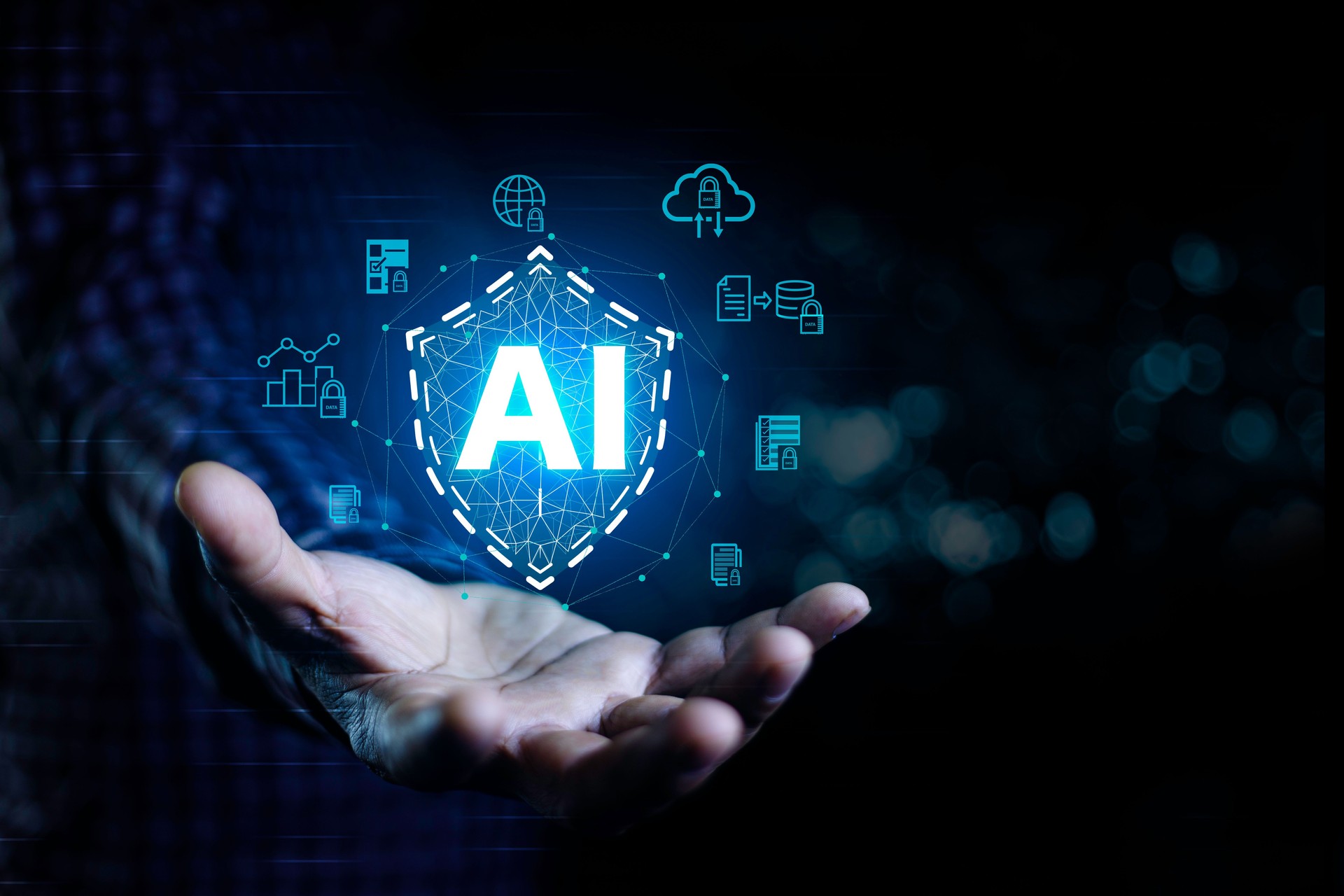 Businessman Hand touching  AI icon key shield for unlock the screen with virtual screen interface to the network. AI machine learning language. Cyber security system using AI technology.